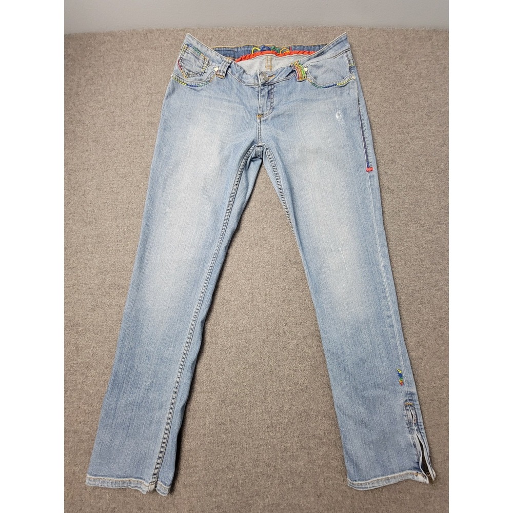 Coogi Jeans Women's 11/12 Blue Denim Light Wash Colorful Stitching Ankle Zip